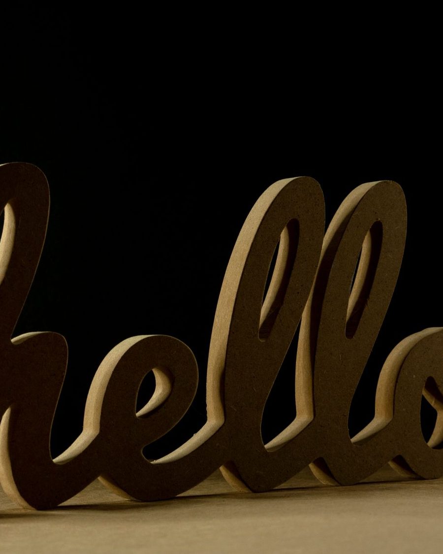 Laser-cut wooden hello sign